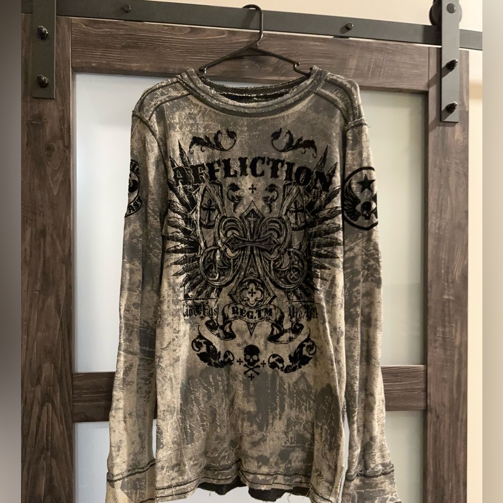 Affliction Distressed Black/Tan Long Sleeve Reversible to green and Dark Grey